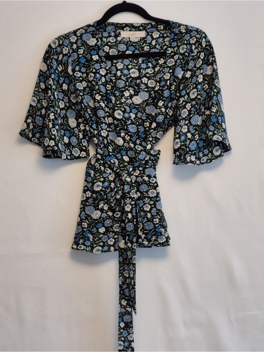 LOFT Black Floral Wrap Blouse with Blue and White Blooms